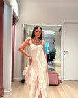 Abito lungo in tulle con volant