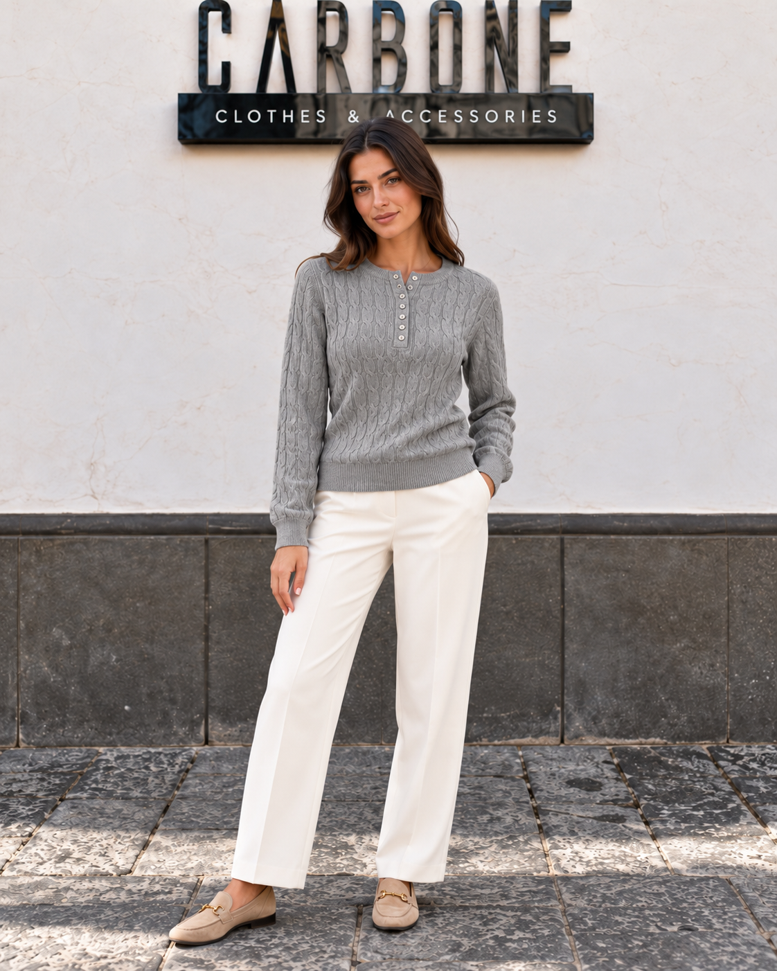 Maglia girocollo con bottoncini 6991 - grigio - vista frontale
