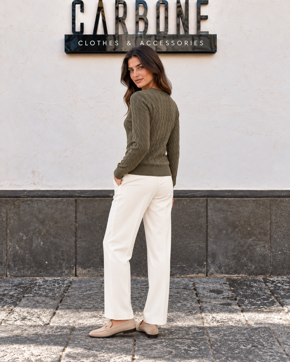 Maglia girocollo con bottoncini 6991 - verde militare - vista posteriore