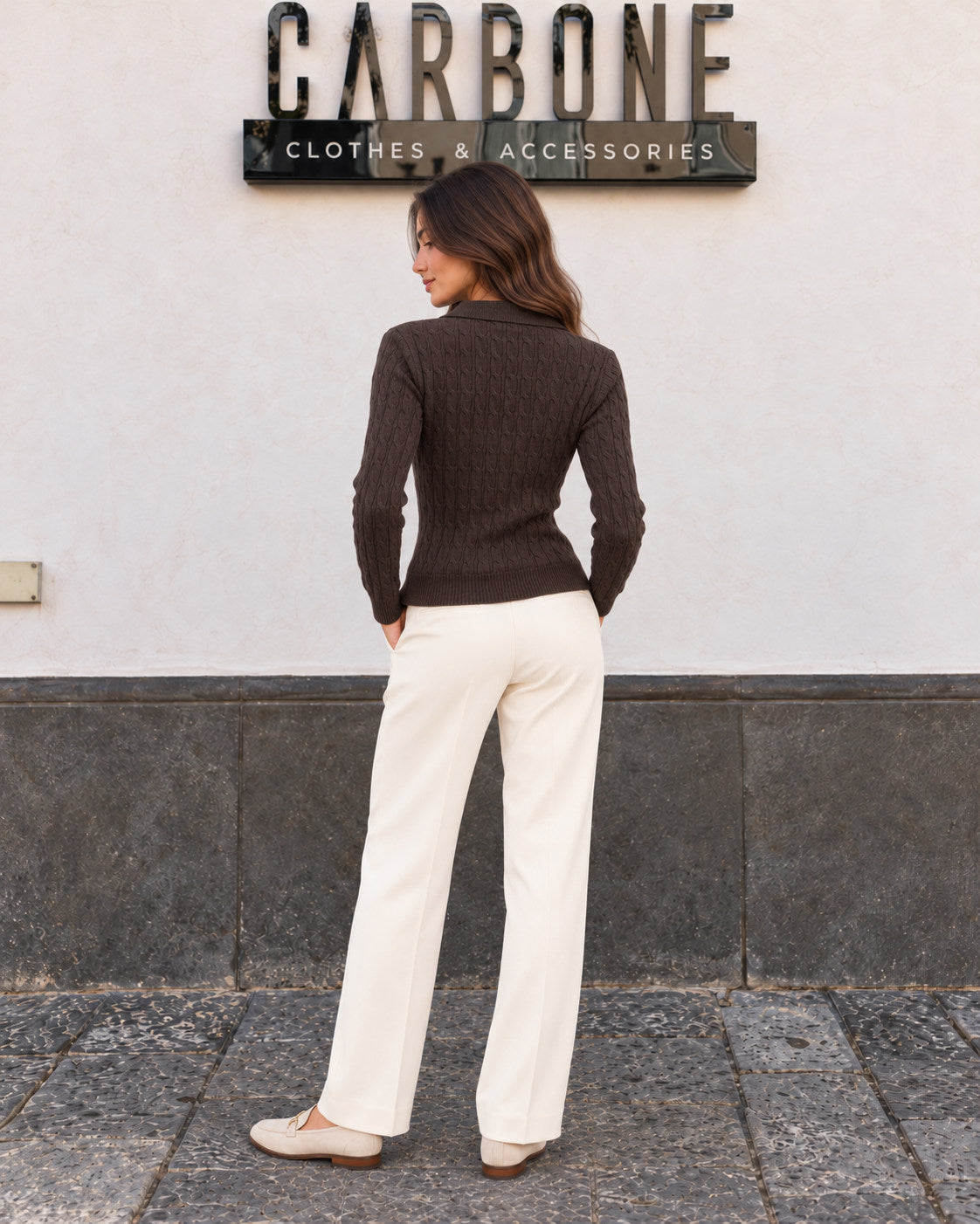 Maglia polo con treccia 6993 - cioccolato, vista posteriore