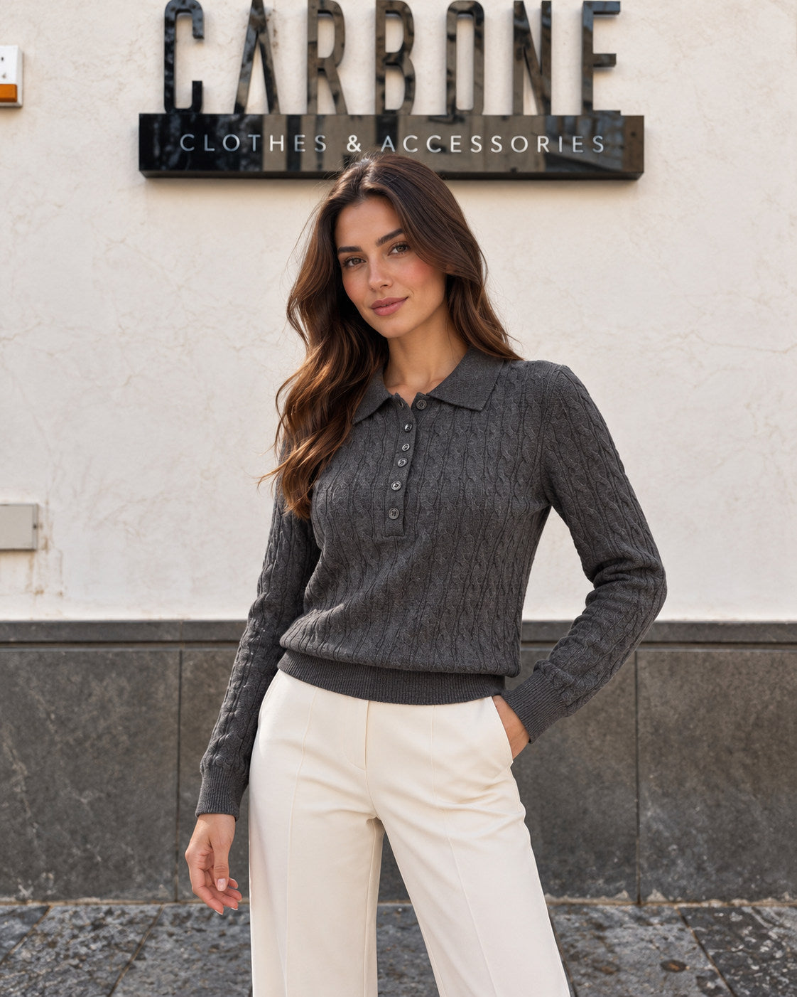 Maglia polo con treccia 6993 - grigio, vista frontale