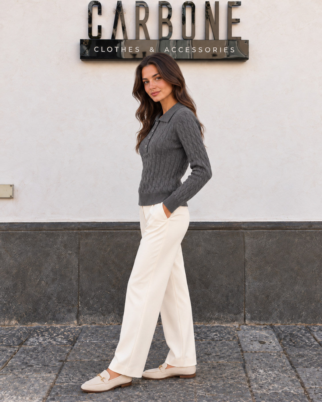 Maglia polo con treccia 6993 - grigio, vista laterale