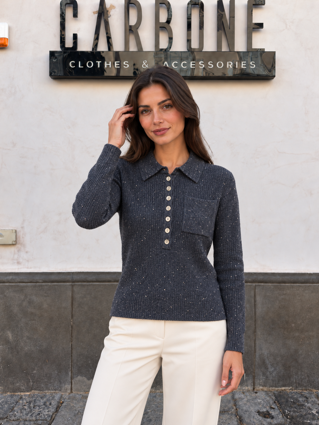 Maglia polo mélange 7000 blu indossata